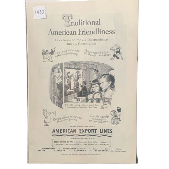 Vintage 1953 American Export Lines American Friendliness Ad Advertisement - Picture 1 of 4